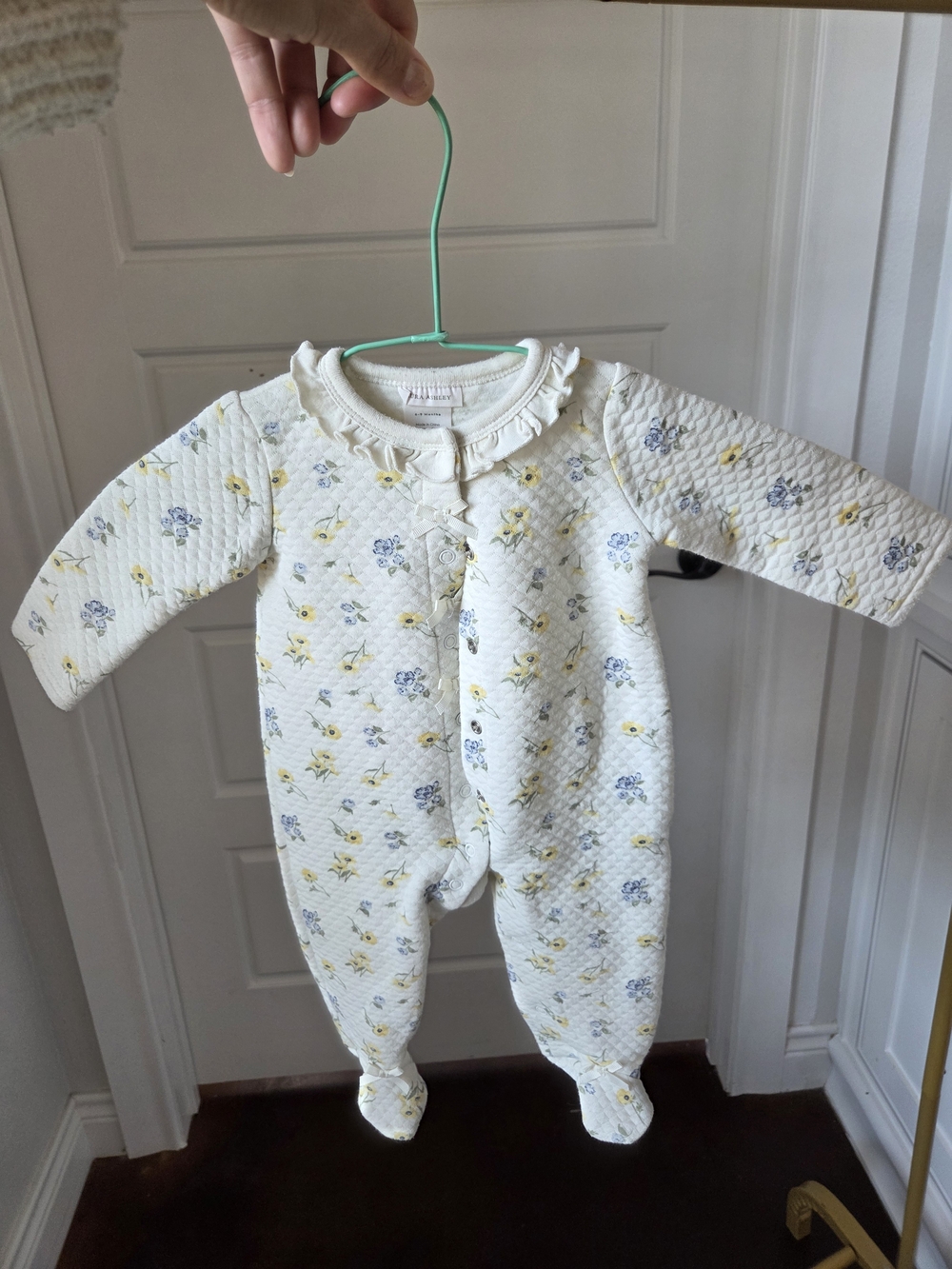 Laura Ashley Quilted Floral Footed One-Piece in White with Yellow & Blue